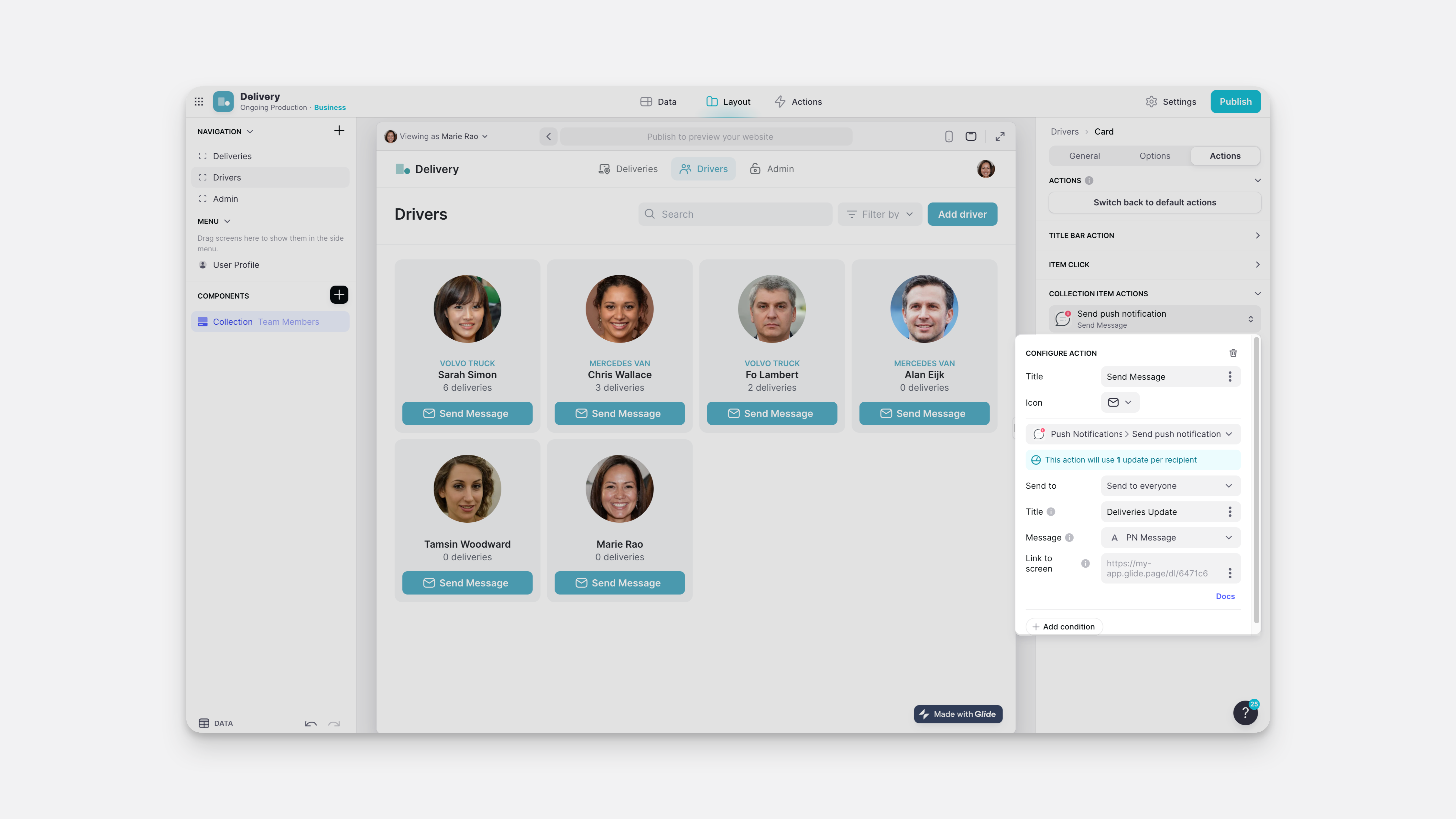 Configuring the Send push notification Action
